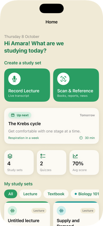 PenPal's Home screen, with buttons to record a lecture or scan and reference, and the student's study sets