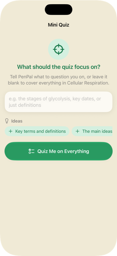 PenPal's quiz screen asking what the quiz should focus on, with suggestions